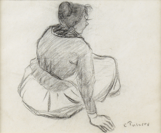 Camille Pissarro, ‘Femme Assise,’ charcoal on paper, signed ‘C. Pissarro,’ on exhibition at Trinity House Paintings' new gallery at 50 Maddox St., Mayfair. Image courtesy Trinity House Paintings.
